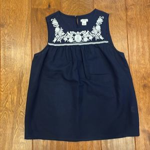 J. Crew Navy Sleeveless Blouse, White Embroidered Floral Neck Trim
